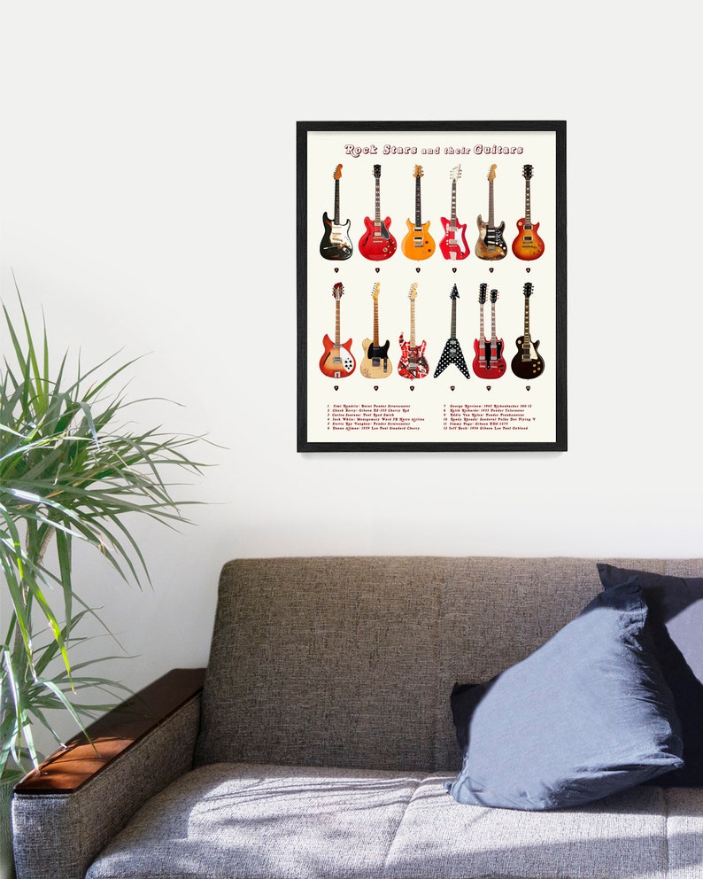 Guitar Poster, Rock Stars and Their Guitars, History of Rock n Roll, Rock n Roll Poster, Music Wall Art, Guitar Wall Art, Hendrix Guitar image 2