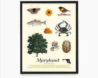 Maryland State Symbols Typology Poster, Maryland Wall Art, Maryland Home Decor, Maryland Gift, Baltimore Home