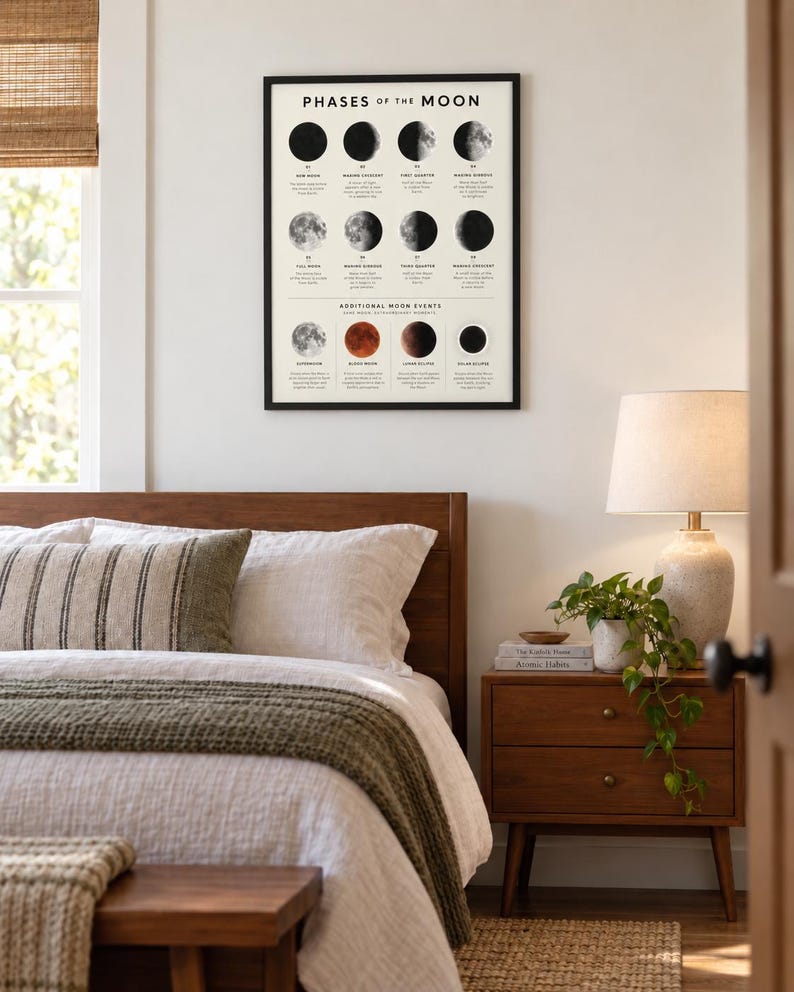 May include: A framed wall poster titled Phases of the Moon, featuring black and white illustrations of lunar cycles and additional moon events like a blood moon and solar eclipse, with descriptive text below each phase on a cream-colored background.