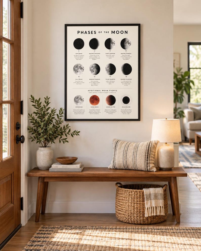 May include: A framed wall poster titled Phases of the Moon featuring black and white illustrations of lunar cycles and additional moon events including a blood moon and solar eclipse with descriptive text printed on a light cream background.
