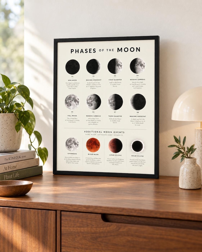 May include: A framed educational wall art print titled PHASES OF THE MOON, featuring black and white illustrations of lunar cycles, including New Moon, Waxing Crescent, First Quarter, Waxing Gibbous, Full Moon, Waning Gibbous, Third Quarter, and Waning Crescent.