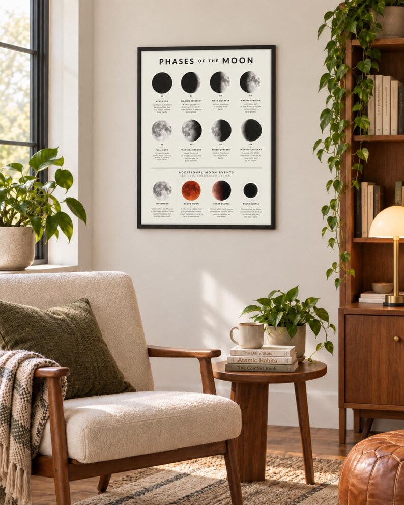 May include: A framed wall poster titled Phases of the Moon, featuring a grid of lunar cycle illustrations including New Moon, Waxing Crescent, First Quarter, Waxing Gibbous, Full Moon, Waning Gibbous, Third Quarter, Waning Crescent, and moon events.