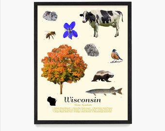 Wisconsin State Symbols Typology Poster, Wisconsin Wall Art, Wisconsin Home Decor, Housewarming Gift