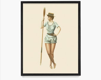 Frau mit einem Ruder, Rudern Poster, Crew Wandkunst, Crew Team Geschenk, Vintage Rudern