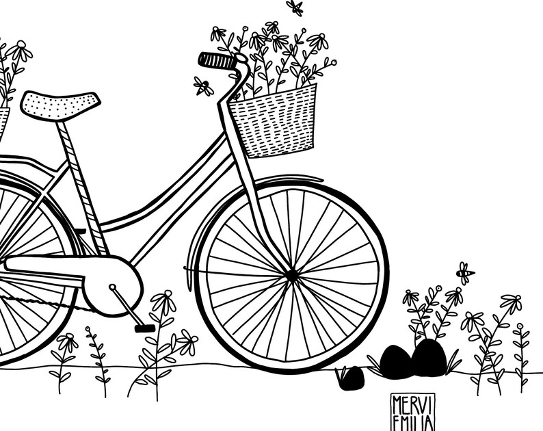 Flower Power Bicycle Illustration Printable Wall Art digital download, art print, print at home, instant download art, wall art print image 4