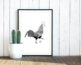 Rooster Illustration Printable Wall Art | colouring sheet, home decor, art print, print at home, instant download art, wall art prints