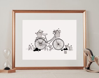 Flower Power Bicycle Illustration Printable Wall Art | digital download, art print, print at home, instant download art, wall art print