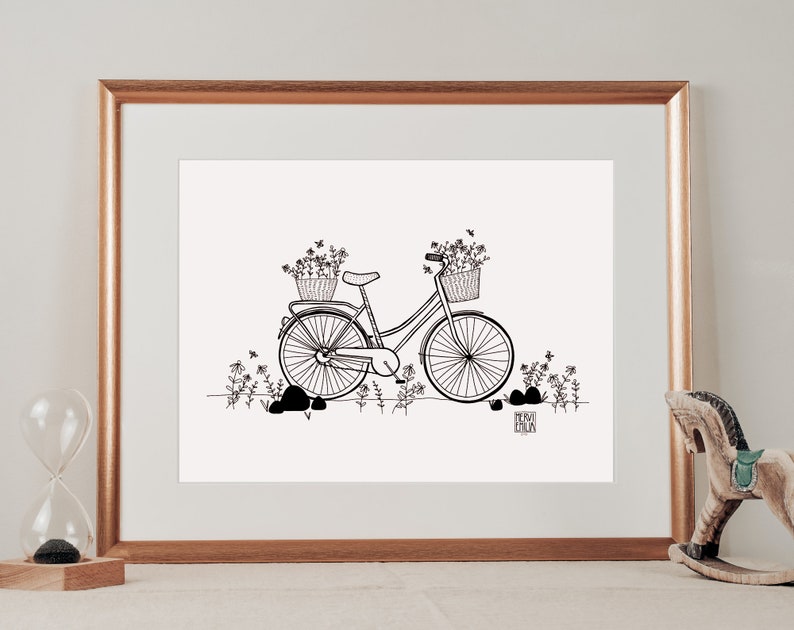 Flower Power Bicycle Illustration Printable Wall Art digital download, art print, print at home, instant download art, wall art print image 1