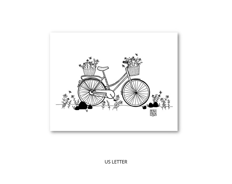 Flower Power Bicycle Illustration Printable Wall Art digital download, art print, print at home, instant download art, wall art print image 6