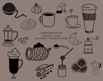 Coffee & Tea Illustrations Clip Art | commercial design, hand drawn, branding elements, logo design, product design, vector illustrations