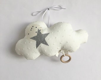 Ecru plumetis cloud musical cushion for mixed birth gift or baby birthday customizable music box