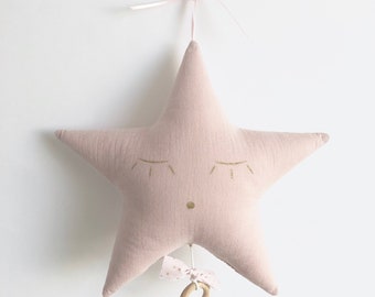 Star Musical Mobile in Pink and Pale Pink Cotton Gauze with Gold Polka Dots - Music Box - A Star in My Cabin