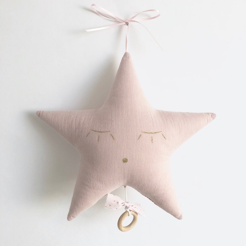 Star Musical Mobile in Pink and Pale Pink Cotton Gauze with Gold Polka Dots Music Box A Star in My Cabin image 1