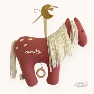 Peluche cheval musical gaze de coton terracota laine écrue pour cadeau de naissance original bébé fille ou garçon boite à musique poney image 3