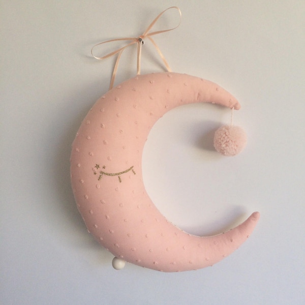 Trendige rosa und goldene Plumetis-Mond-Spieluhr als Geschenk zur Geburt eines Mädchens oder als Musikkissen zum Babygeburtstag