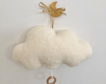 Vanilla sherpa moumoute cloud music box for birth or baptism gift for baby girl or boy, customizable original musical mobile