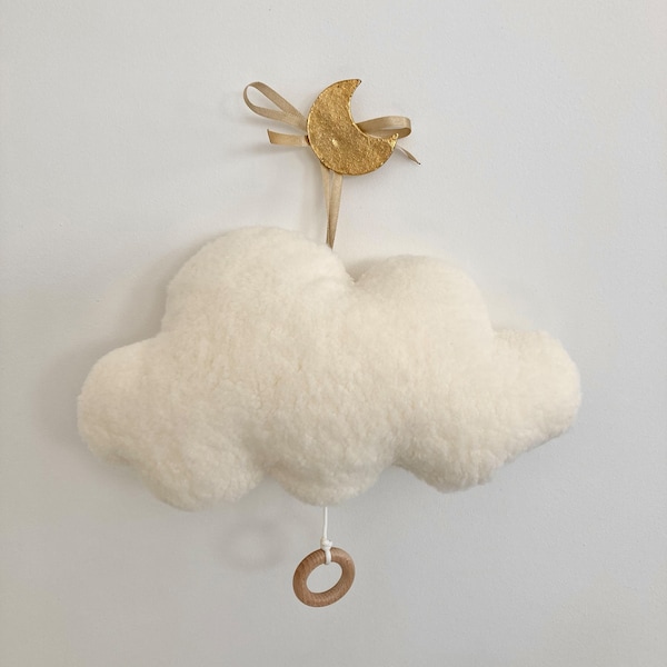Vanille-Sherpa-Moumoute-Wolken-Spieluhr zur Geburt oder Taufe, Geschenk für Baby Mädchen oder Jungen, anpassbares originelles Musik-Mobile