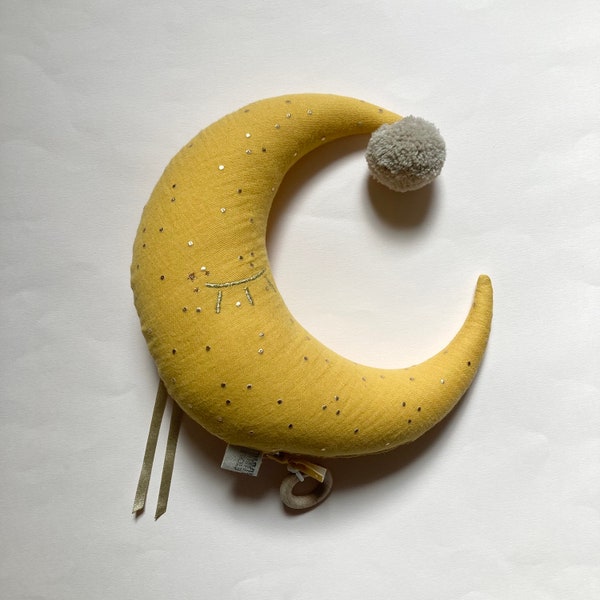 Originelle Mond-Spieluhr in Senfgelb und Gold zur Geburt, Geschenk für Mädchen und Jungen, gemischtes Musikkissen
