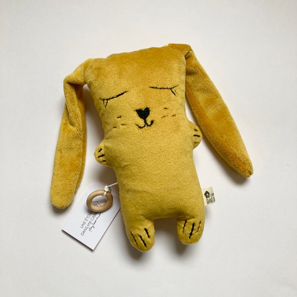 Mustard rabbit musical plush faux fur fabric HAPPY melody (immodifiable because in stock)