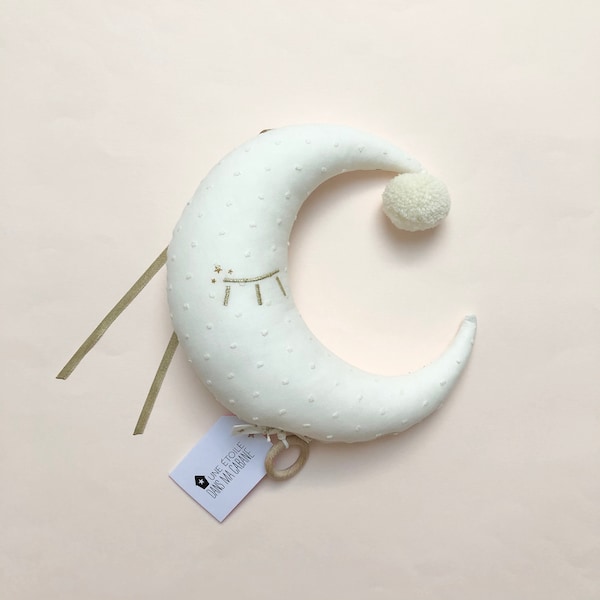 Lune musicale personnalisable plumetis écrue et dorée pour cadeau de naissance ou anniversaire bébé boite à musique mixte