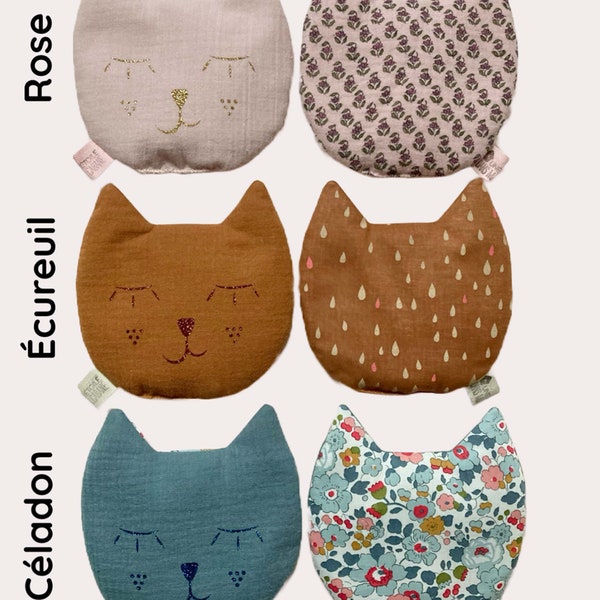 Bouillotte sèche Chat en gaze de coton garnie de graines de lin doré bio pour cadeau enfant et adulte réconfortant et apaisant