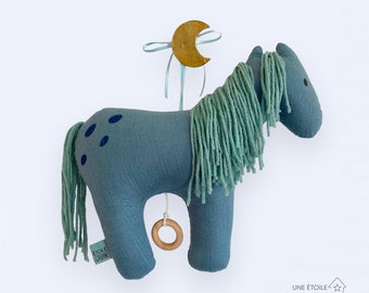 Poney musical gaze de coton bleu lurex laine amande pour cadeau bébé fille ou garçon boite à musique cheval originale