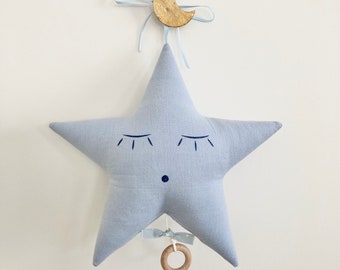 Musical Mobile Star Gauze Horizon Blue - Denim Blue with white stars - Music box - A star in my cabin