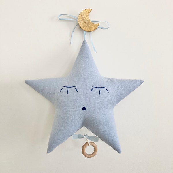 Musical Mobile Star Gauze Horizon Blue - Denim Blue with white stars - Music box - A star in my cabin