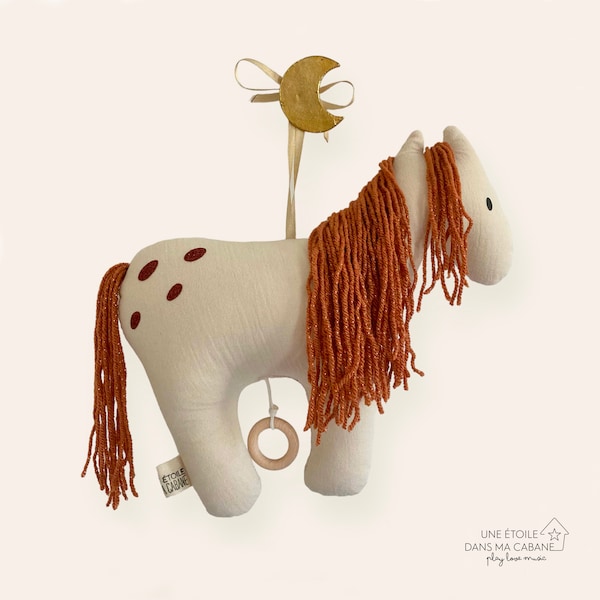 Musical horse cotton gauze ecru sand copper wool for original birth gift baby girl or boy pony music box