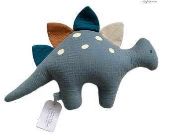 Stegosaurus dinosaur cushion in duck and celadon cotton gauze, an original children's gift