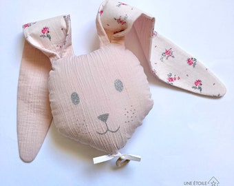 Coussin Musical Lapin  rose pâle pour cadeau de naissance bébé fille boîte à musique originale