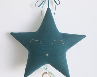 Star Musical Mobile in Duck Blue and Mint cotton gauze with gold triangles - Music box - A star in my cabin