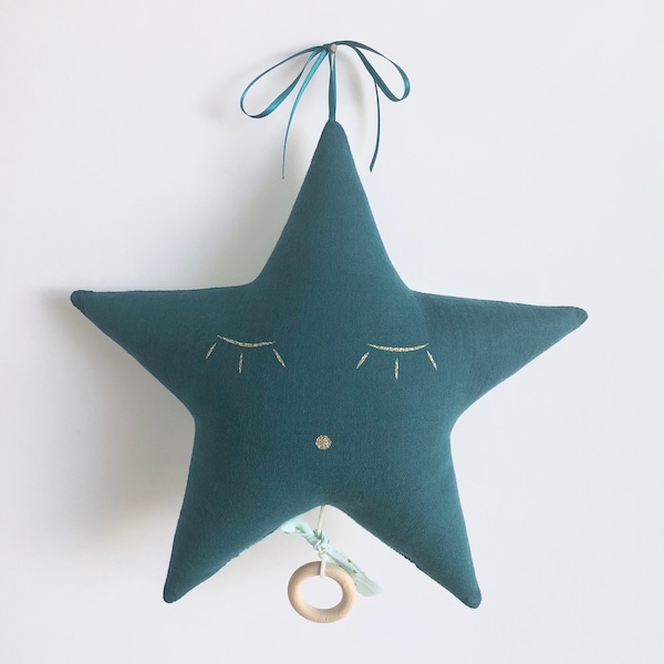 Star Musical Mobile in Duck Blue and Mint cotton gauze with gold triangles - Music box - A star in my cabin