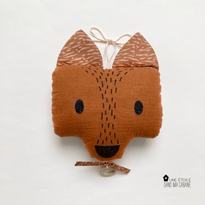 Musical fox in red cotton gauze for birth or birthday gift for baby girl or boy original music box
