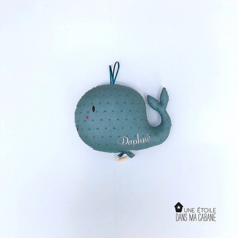 Musical mobile whale blue gray plumetis for birth or baby birthday gift customizable music box image 4