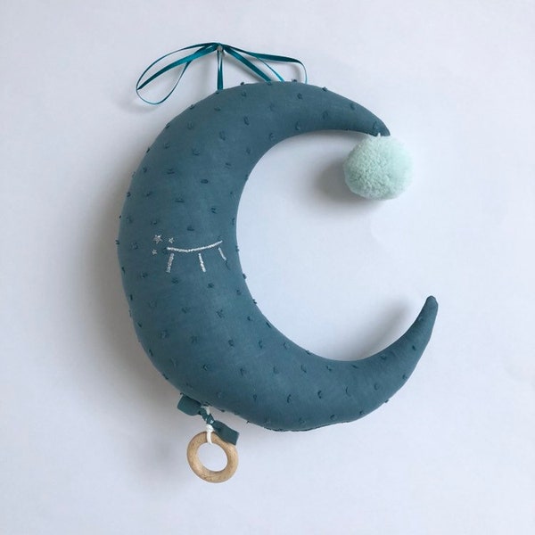 Mobile musical lune plumetis bleu gris pour cadeau de naissance garçon ou anniversaire bébé boite à musique personnalisée