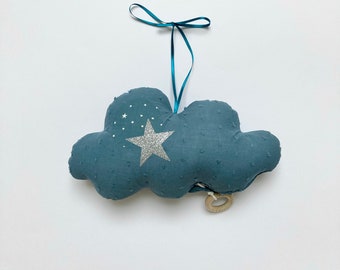 Petrol blue and silver plumetis musical cloud for a boy&#39;s birth gift or baby&#39;s birthday connected music box