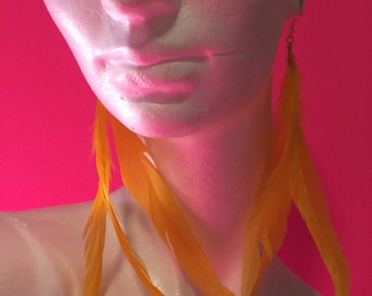 Handmade Dark Yellow Feather Earrings: Gold Hook, Large Dangle