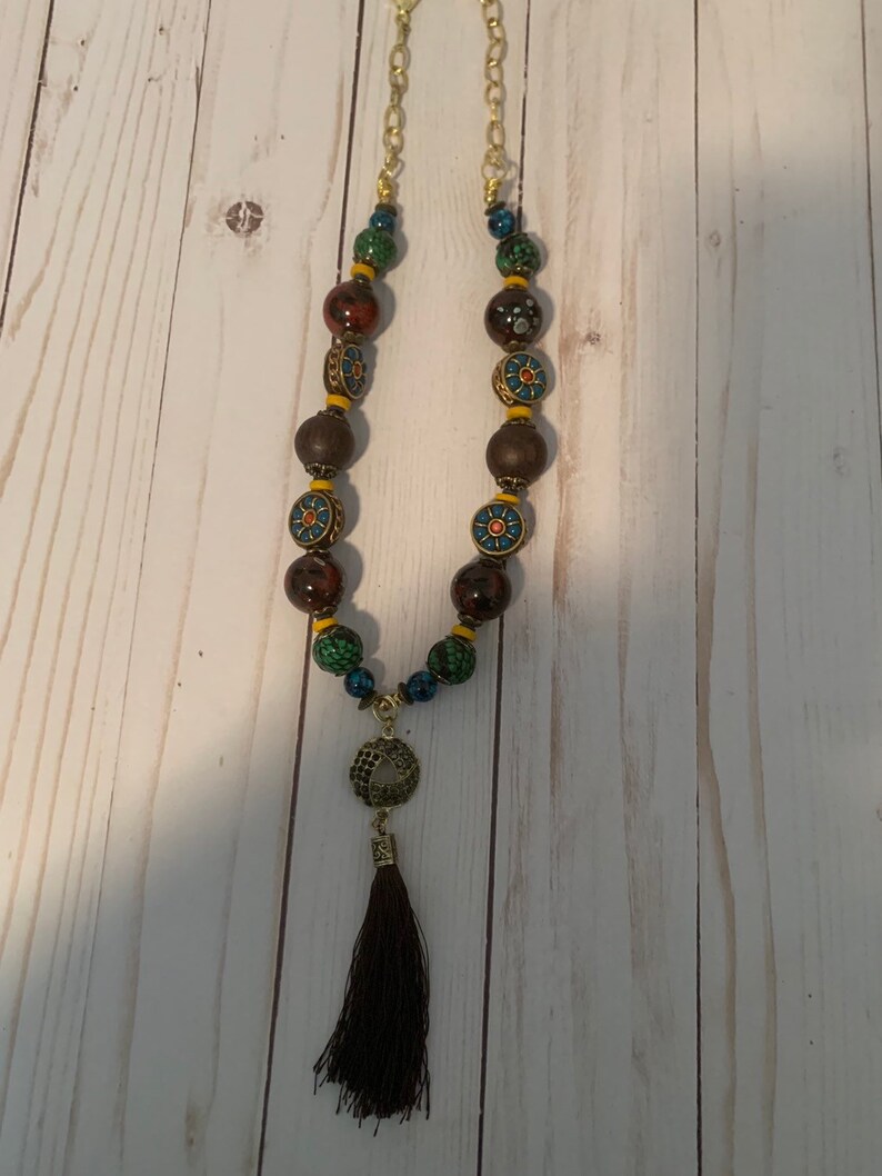 Beaded Tassle Statement Charm Necklace