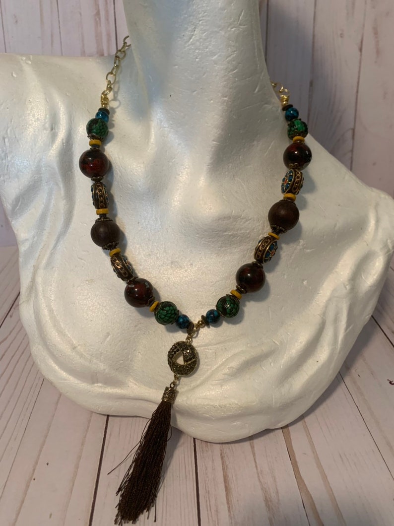 Beaded Tassle Statement Charm Necklace