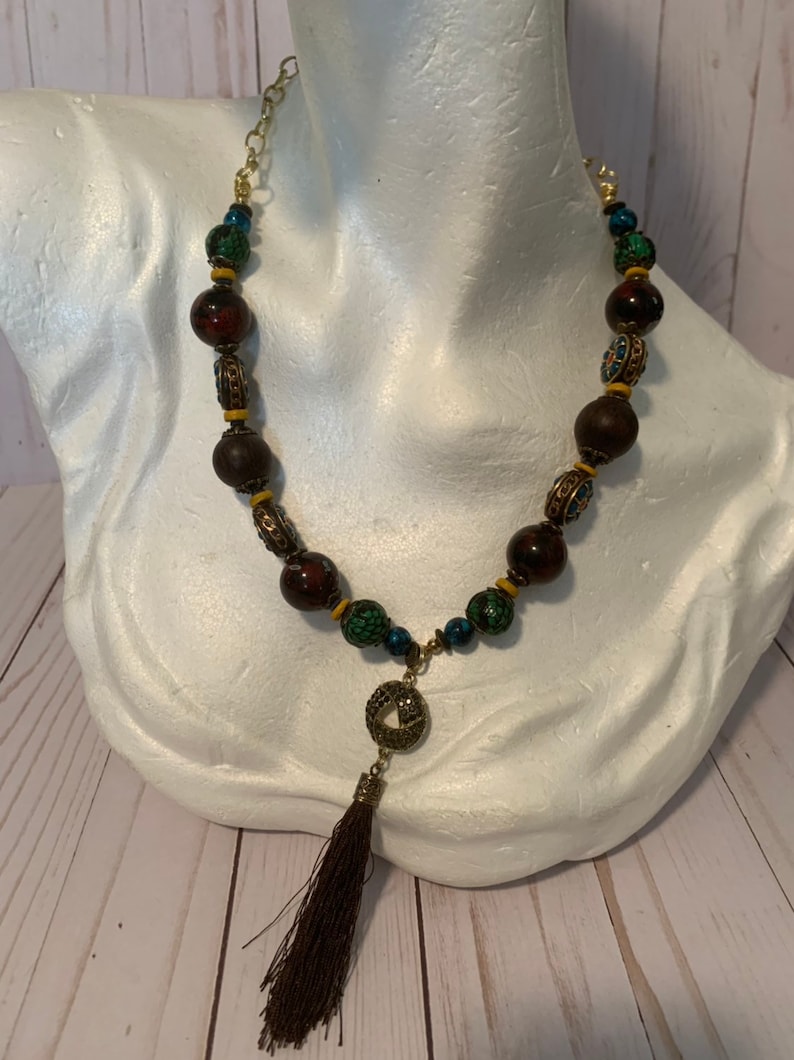 Beaded Tassle Statement Charm Necklace