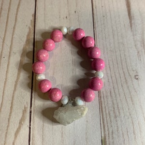 Handmade Pink Riverstone Stretch Bracelet with Rhinestone Accents
