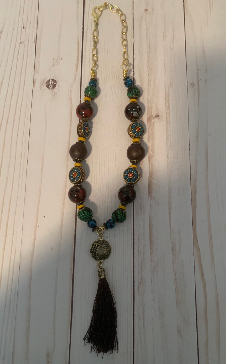 Beaded Tassle Statement Charm Necklace
