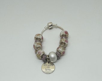 Love Peal and Pink Beaded Pandora Style Charm Bracelet