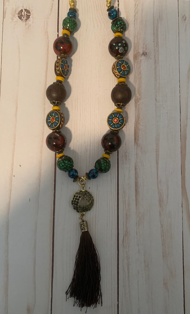 Beaded Tassle Statement Charm Necklace