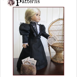 May include: A black and white sewing pattern for an 18-inch doll outfit. The pattern is titled "1896 Susan B. Anthony Outfit". The doll is wearing a black dress with a white lace collar and a black jacket with puffed sleeves. The doll is holding a newspaper that says "Woman Suffrage" and is standing next to a wicker chair.