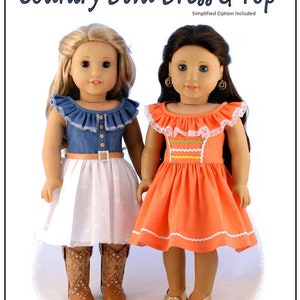 May include: A sewing pattern for a country-style dress and top for 18-inch dolls. The pattern includes a simplified option and is designed for dolls such as American Girl. The image shows two dolls wearing the finished garments, one in a white dress with a denim top and cowboy boots, and the other in a coral dress with a white lace trim and gold shoes.