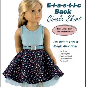 Puede incluir: Un patrón de costura para una falda circular de espalda elástica para muñecas de 45,7 cm. El patrón incluye instrucciones para dos longitudes, una espalda elástica y un enaguas de bonificación separado. El patrón está diseñado para adaptarse a muñecas como Kidz 'n Cats y Magic Attic Dolls. El patrón está ilustrado con una muñeca que lleva un top azul sin mangas y una falda floral negra y blanca con un cinturón azul.
