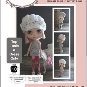 Peut inclure: Un patron de crochet pour un haut de poupée, une tunique ou une robe conçue pour les poupées Blythe de 30 cm. Le patron comprend des instructions pour crocheter un chapeau blanc, un haut gris et un legging rayé rouge et blanc. Le patron est de niveau facile et comprend un crochet de taille 3 (2,1 mm) et un crochet de taille 7 (1,65 mm).