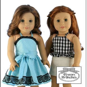 May include: A sewing pattern for a halter dress and top for 18-inch dolls. The pattern is designed for intermediate sewers and includes instructions for making a blue polka dot dress and a black and white gingham top. The pattern is called "Heat Wave Halter Dress & Top" and is designed to fit 18-inch dolls such as American Girl dolls.